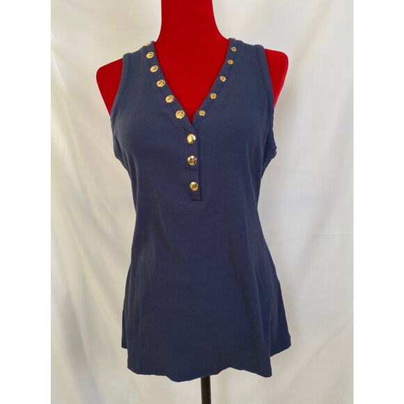 Woman’s 2XL navy tank shirt w gold snaps - a cotton spandex blend - Picture 2 of 9
